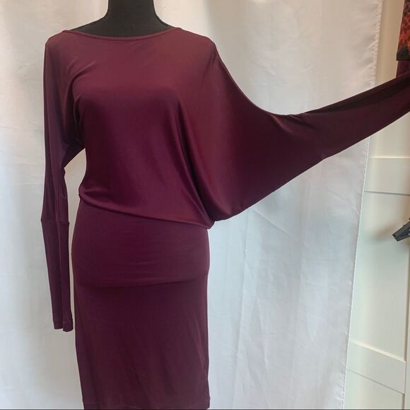 𝅺BCBGMAXAZRIA maroon asymmetrical long sleeve mini dress Sz S - Picture 4 of 8